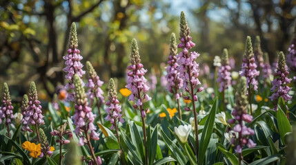 Obraz premium Spring flowers blooming in sunlit garden with fresh green foliage and gentle warmth