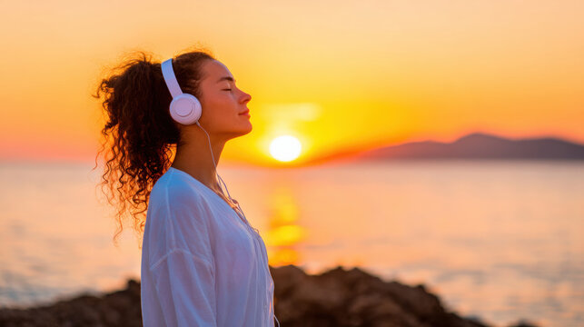 Woman listening to music at sunset by the beach