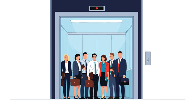 Group of professional business men and women standing inside an open elevator in a modern office building.