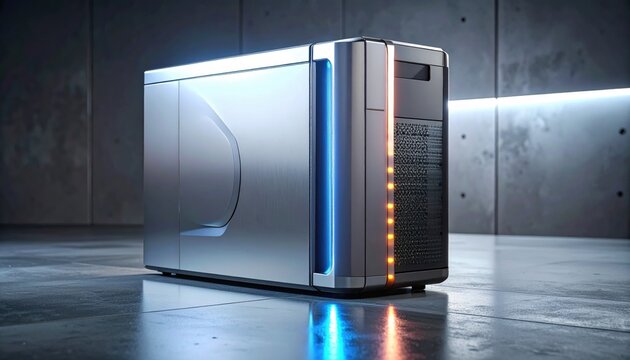 Sleek silver portable server with blue and orange lighting accents on a polished concrete floor
