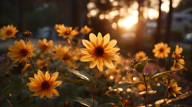 Sunflowers swaying in a field during golden hour, nature scene. gardening catalogs, home-decor guides, designed for home decor and floral branding and gardening and botanical catalogs.adulteration.