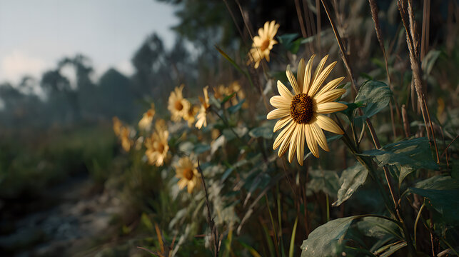 Sunflowers swaying in a field during golden hour, nature scene. gardening catalogs, home-decor guides, designed for home decor and floral branding and gardening and botanical catalogs.adulteration.
