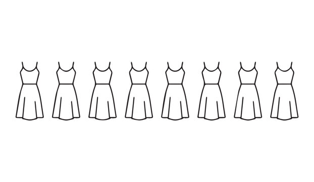 Eight identical simple line art dresses in a row against a white backdrop symbolizing choice