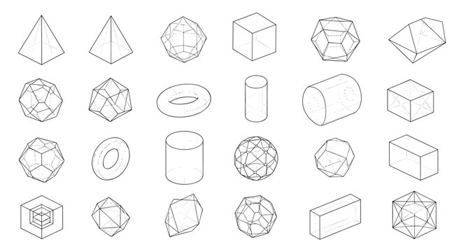 Collection of various 3D geometric shapes including pyramids cubes cylinders and spheres drawn with wireframe lines.