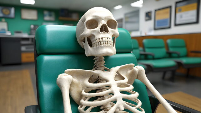 Human skeleton sitting in a green medical clinic waiting room chair looking exhausted