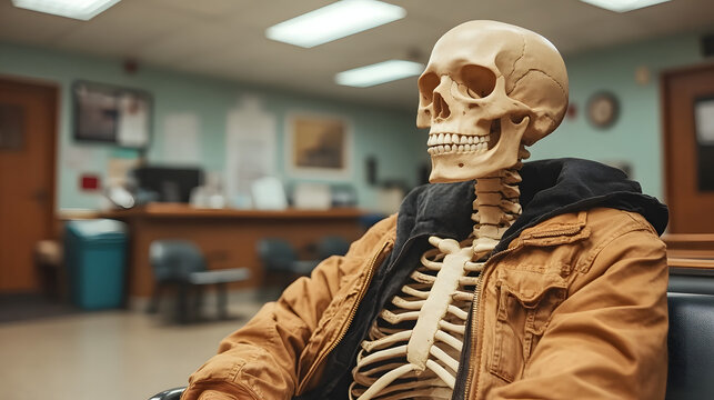 Human skeleton wearing a brown jacket sitting casually in an indoor office setting