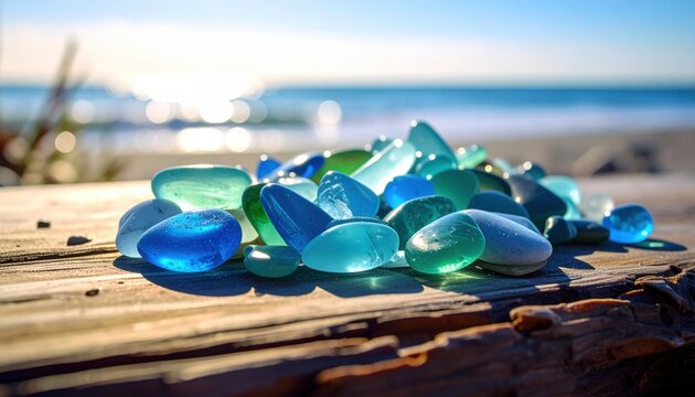 Smooth Tumbled Sea Glass Collection on Driftwood with Ocean Background