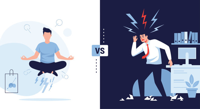 Comparison of a man practicing zen meditation versus a stressed office worker overwhelmed by workload and chaos.