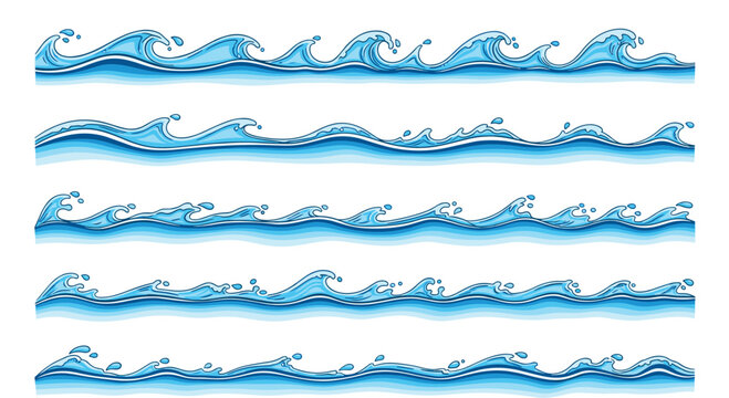 Collection of horizontal ocean and sea wave patterns in different styles and blue shades for marine design backgrounds.