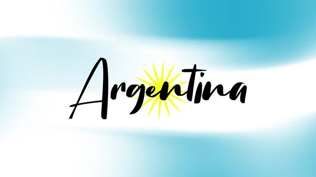 Waving flag Argentine with Elegant calligraphy blue script and a sun icon, Buenos Aires city in Argentina. Video concept animation 4k