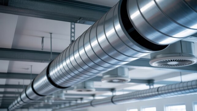 Industrial metallic ventilation ducts in a modern building ceiling