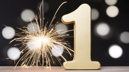 Naklejka premium Celebration of first birthday with sparkler and gold number one
