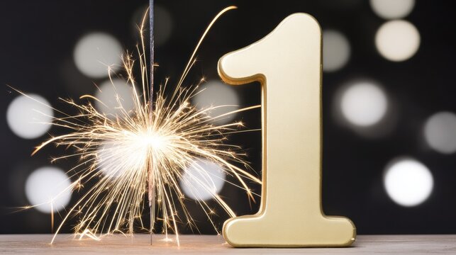 Celebration of first birthday with sparkler and gold number one