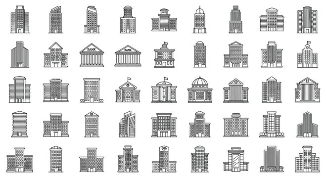 Large set of diverse architectural building icons and skyscraper sketches presented in clean black line art style on a white background.
