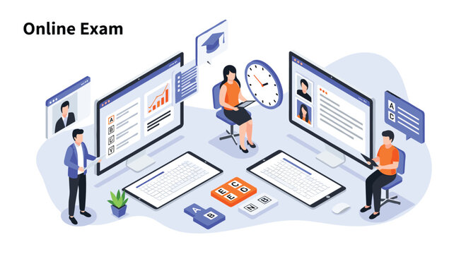 Conceptual illustration of students taking an online exam using computers with digital interfaces and academic icons.