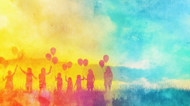 Kids hold balloons and stand on grass under a colorful sky during sunset