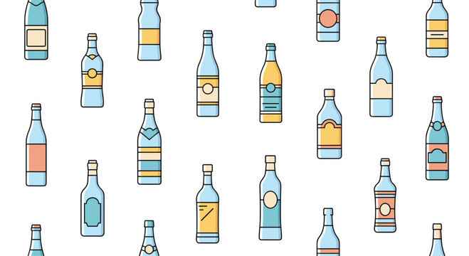 Seamless pattern design featuring multiple colorful glass bottles of different shapes and sizes with varied label designs.
