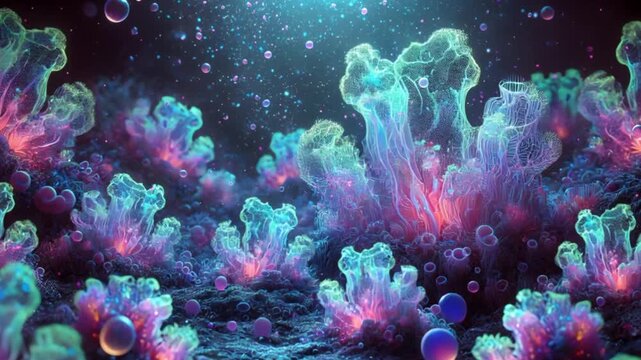 Surreal bioluminescent underwater scene featuring glowing sea sponges with transparent iridescent textures in vibrant