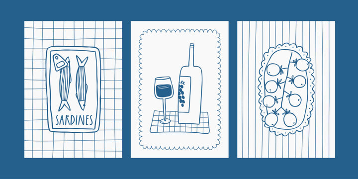 Modern summer posters in sketch style. Trendy design for cards, wall art, print, ads