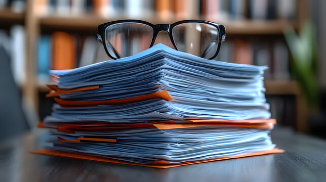 Thick stack of paper documents and files lying on an office desk with glasses