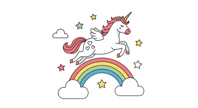 Magical illustration of a white flying unicorn with a pink mane jumping over a colorful rainbow among clouds and stars.
