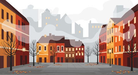 Autumn city square with colorful buildings, bare trees, and falling leaves. © Leo