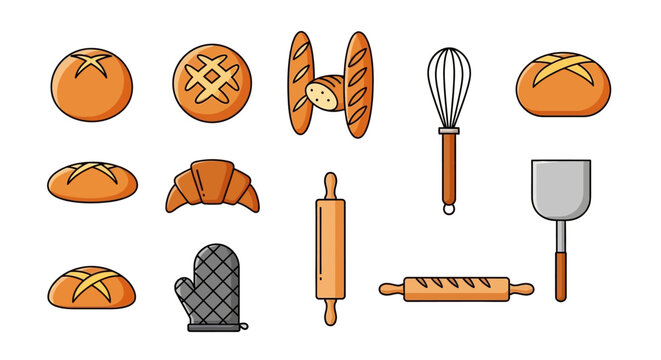 Baking tools and bread varieties collection.
