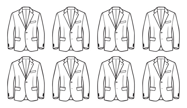 Eight tailored suit jackets arranged in two rows against a white background with clean lines