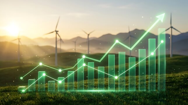 Green energy investment growth chart with wind turbines and rolling hills at sunrise, symbolizing renewable finance and sustainability.