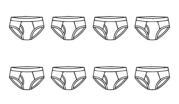 Eight white briefs arranged in two rows on a clean white background