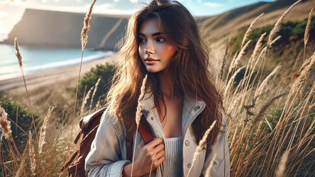 Video of young woman with long wavy hair standing among tall dry grass, wearing a light jacket and a backpack