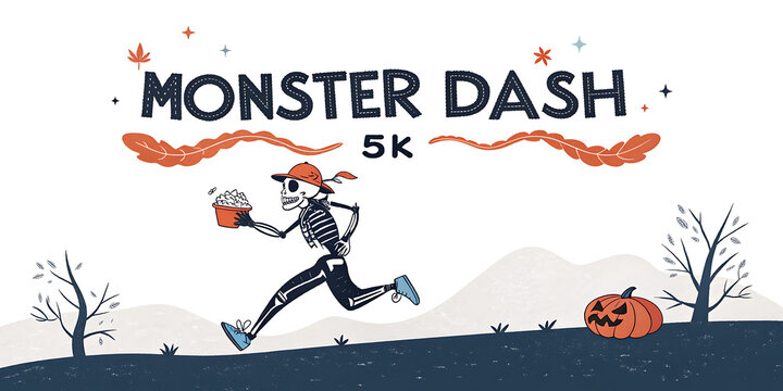 Monster dash 5k charity run poster with skeleton runner isolated on transparent background