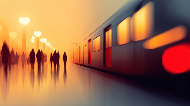 Crowds move quickly through a subway station during evening rush hour as a train arrives in the background.