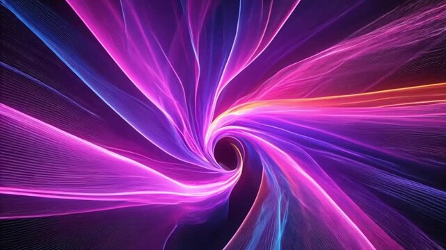Video of abstract digital art video featuring smooth, flowing, luminous waves in a 3D tunnel or vortex pattern, spiraling into depth