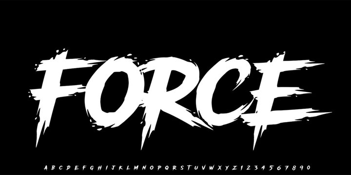 Force aggressive brush font with rough texture and bold dry stroke style for sport movie poster branding logo