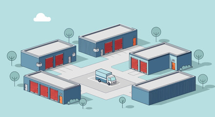 Fototapeta premium Isometric industrial park with storage units, delivery truck, and trees on light blue background.