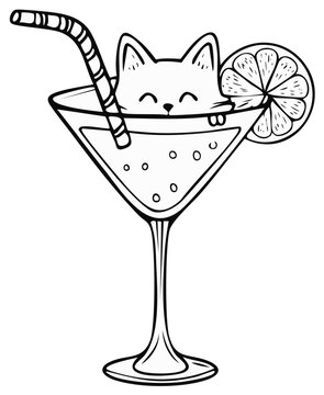 Funny Cat Inside a Cocktail Glass with Orange Slice and Straw Black and White Line Art Drawing