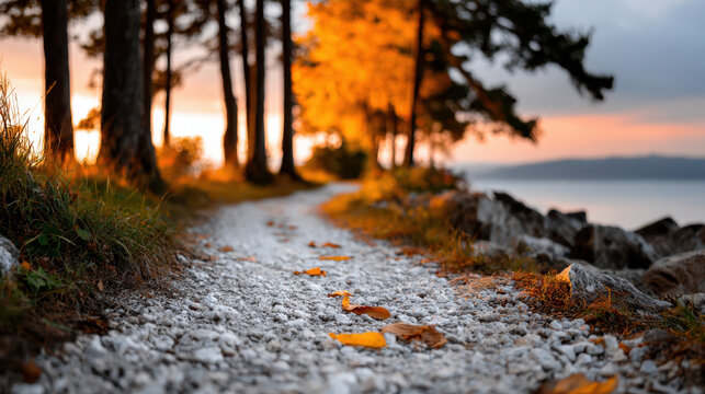 Pebble covered forest path with pale gray ash and scattered autumn leaves by the lakeshore at golden hour for background and nature scene design