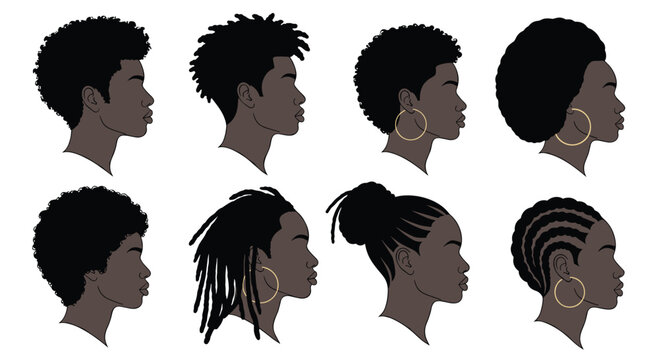 Profile view silhouettes of black men and women showcasing a variety of natural hairstyles and different hair textures.