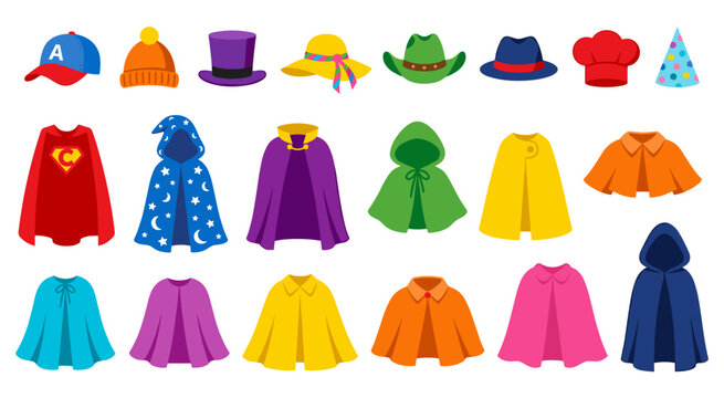 Diverse headwear and cloak collection for characters and professions. Set of hats and capes featuring superhero cowl wizard hood top hat cowboy hat colorful cloaks for dress up games.