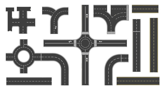 Comprehensive collection of modular road segments and intersection designs for creating custom city street maps.