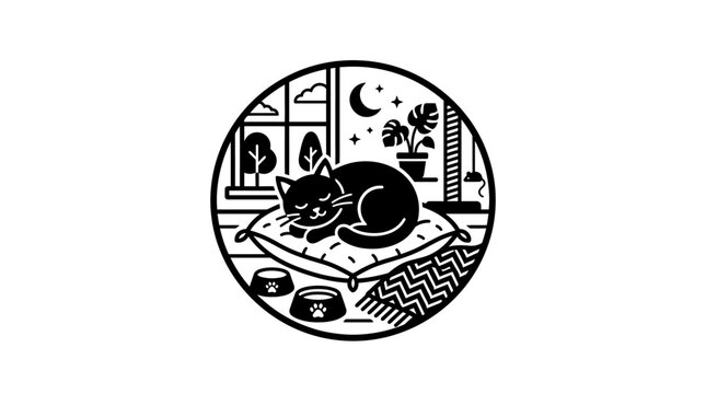Black cat sleeping on bed.