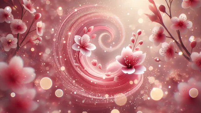 Abstract, dreamy image featuring a soft pink background video with glowing bokeh, glittering sparkles, and faint cherry blossom silhouettes