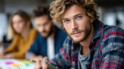 Fototapeta premium Focused male student looking at camera while working with peers around a table for study session background and creative teamwork banner design