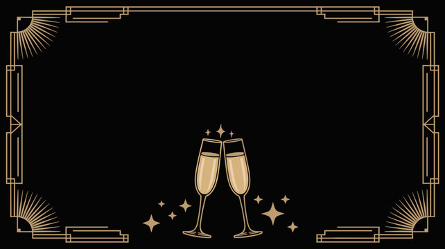 Two champagne glasses clinking in Art Deco frame on black background