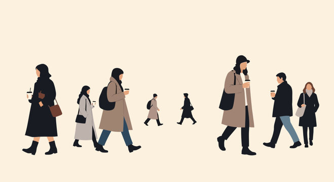 Diverse people walking with coffee cups on a neutral background, minimalist illustration