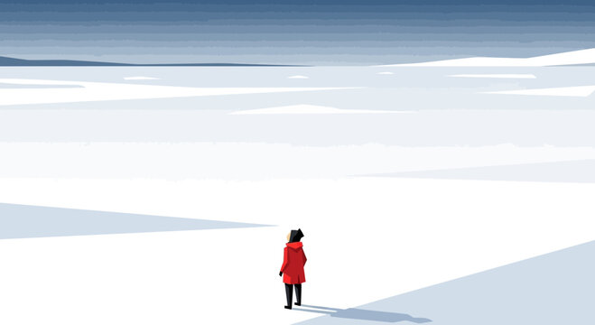 Lone traveler in red coat walks across vast, minimalist snow landscape under a blue sky.