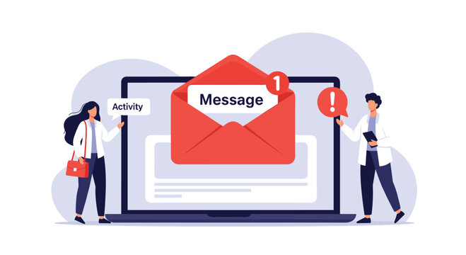 Illustration of people standing by a large laptop with an open envelope representing digital communication and messaging.