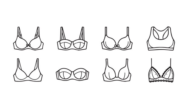 Eight different styles of bras presented in a clean line art illustration with white background for fashion design