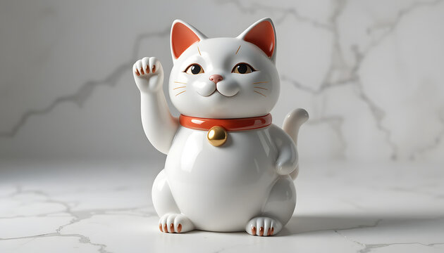 Lucky Japanese maneki-neko beckoning cat figurine with open eyes, white ceramic welcoming cat on a premium white marble texture background.